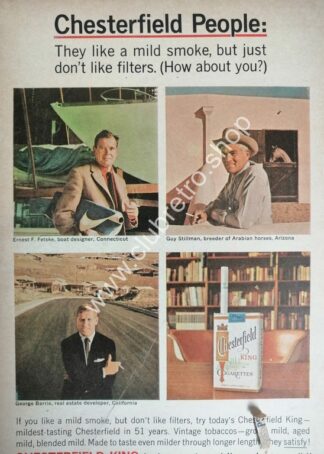 CARTEL DE PUBLICIDAD RETRO DE CIGARROS CHESTERFIELD AÑOS 60s /3