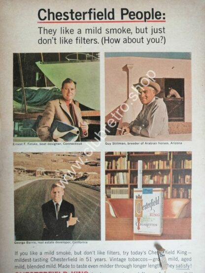 CARTEL DE PUBLICIDAD RETRO DE CIGARROS CHESTERFIELD AÑOS 60s /3
