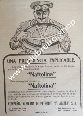 AFICHE PUBLICIDAD ANTIGUA. NAFTOLINA. CIA PETROLERA EL AGUILA 1911
