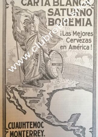 AFICHE PUBLICIDAD ANTIGUA. CERVECERIA CUAUHTEMOC 1912 RARO
