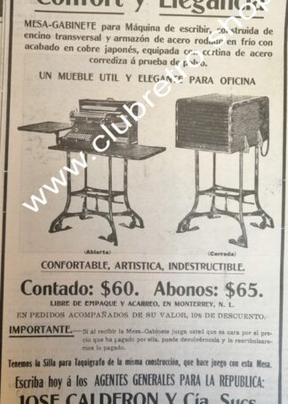 AFICHE PUBLICIDAD ANTIGUA. CASA CALDERON DE MONTERREY 1912
