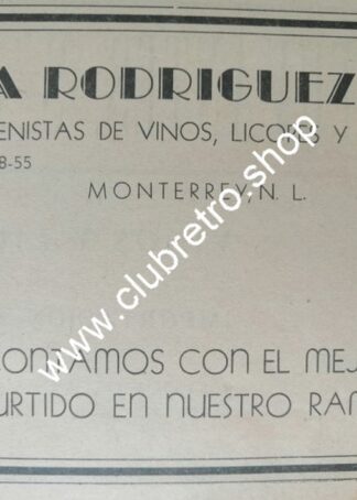 AFICHE DE PUBLICIDAD ANTIGUA DE MONTERREY. CASA RODRIGUEZ 1940