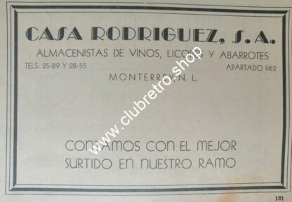 AFICHE DE PUBLICIDAD ANTIGUA DE MONTERREY. CASA RODRIGUEZ 1940