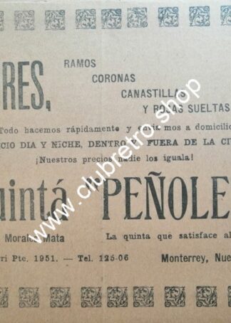 AFICHE DE PUBLICIDAD ANTIGUA DE MONTERREY. FLORERIA PEÑOLES 1943