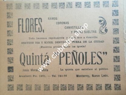 AFICHE DE PUBLICIDAD ANTIGUA DE MONTERREY. FLORERIA PEÑOLES 1943