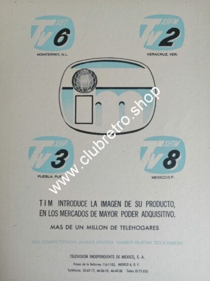 PUBLICIDAD RETRO TELEVISION INDEPENDIENTE DE MEXICO S.A 1960s
