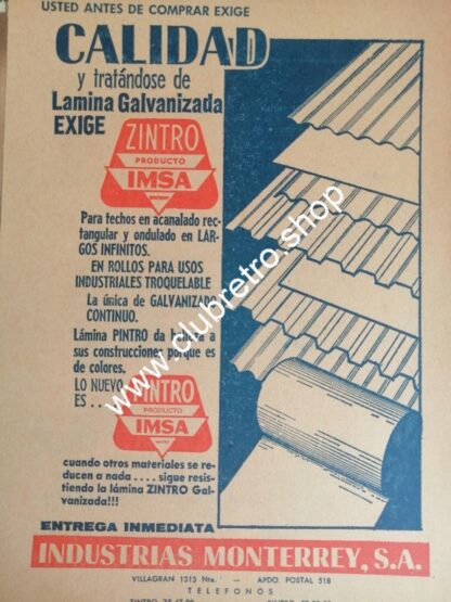 PUBLICIDAD RETRO DE MONTERREY. IMSA. INDUSTRIAS MONTERREY 1960s