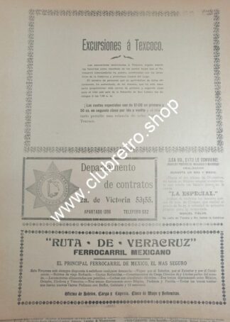 CARTEL PUBLICITARIO ANTIGUO 1912 FERROCARRILES Y EXCURSIONES A TEXCOCO