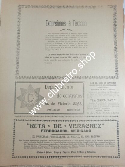 CARTEL PUBLICITARIO ANTIGUO 1912 FERROCARRILES Y EXCURSIONES A TEXCOCO