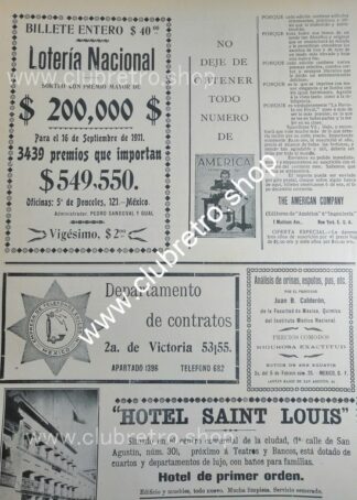 CARTEL PUBLICITARIO ANTIGUO 1911 LOTERIA NACIONAL HOTEL SAINT LOUIS Y MAS