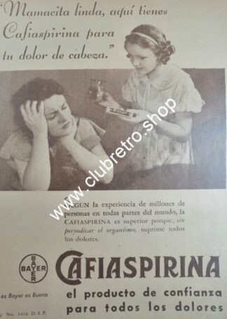 CARTEL PUBLICITARIO RETRO. CAFIASPIRINA BAYER AÑOS 30s