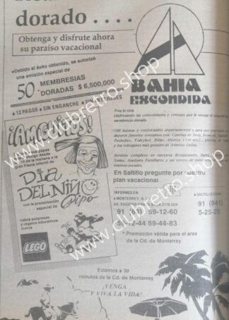 AFICHE PUBLICITARIO RETRO. BAHIA ESCONDIDA Y PIPO. MONTERREY 1989