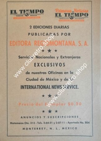 AFICHE DE PUBLICIDAD PERIODICO EL TIEMPO 1957 MONTERREY