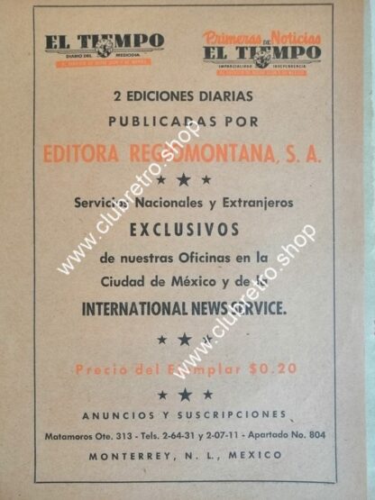 AFICHE DE PUBLICIDAD PERIODICO EL TIEMPO 1957 MONTERREY