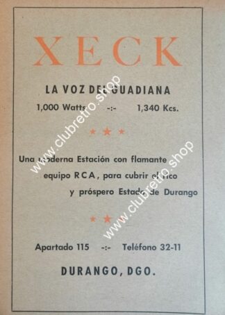 AFICHE DE PUBLICIDAD RETRO RADIO DIFUSORA XECK DURANGO 1957 /248