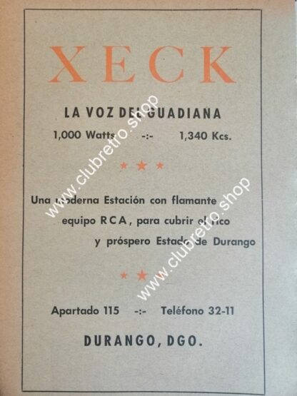 AFICHE DE PUBLICIDAD RETRO RADIO DIFUSORA XECK DURANGO 1957 /248