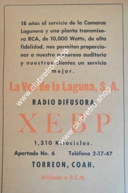 AFICHE DE PUBLICIDAD RETRO RADIO DIFUSORA XEDN TORREON 1957 /247