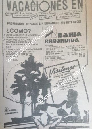 CARTEL PUBLICIDAD RETRO. BAHIA ESCONDIDA 1989 MONTERREY