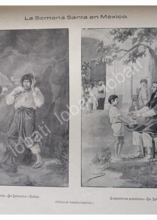 2 GRABADOS ANTIGUOS 1896, SEMANA SANTA EN MEXIO