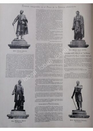 NOTA ANTIGUA 1896 INAUGURAN ESTATUAS PASEO DE LA REFORMA