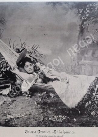 GRABADO ANTIGUO 1896 DAMA EN HAMACA