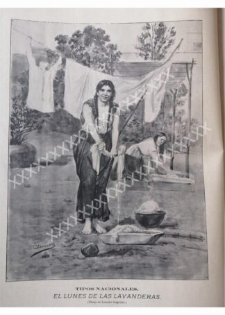 GRABADO ANTIGUO 1896 DE LEANDRO IZAGUIRRE, LAVANDERAS