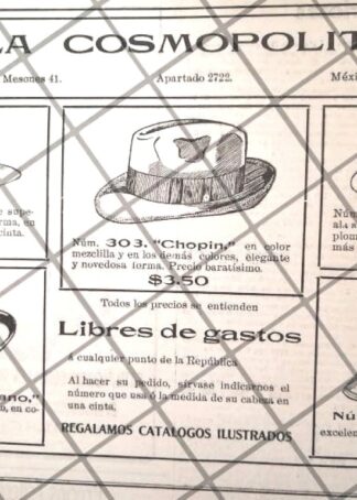 AFICHE ANTIGUO SOMBRERERIA LA COSMOPOLITA 1912
