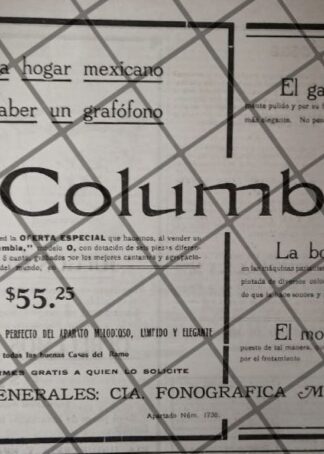 CARTEL PUBLICITARIO ANTIGUO GRAMOFONOS COLUMBIA 1912 /5
