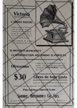 CARTEL PUBLICITARIO RETRO FONOGRAFO VICTORIA 1912