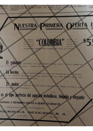 CARTEL PUBLICITARIO ANTIGUO GRAMOFONOS COLUMBIA 1912 /4