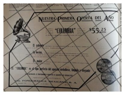 CARTEL PUBLICITARIO ANTIGUO GRAMOFONOS COLUMBIA 1912 /4