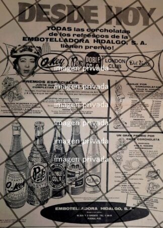 CARTEL PUBLICITARIO RETRO PROMO DE EMBOTELLADORA HIDALGO 1969
