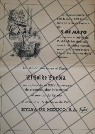 PUBLICIDAD RETRO HYLSA FELICITA AL SOL DE PUEBLA 1968