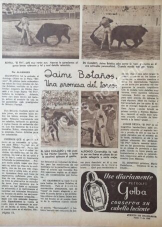 CARTEL ANTIGUO ORIGINAL DE NOTA DE PRENSA, TORERO JAIME BOLAÑOS 1949 / FEP TOROS