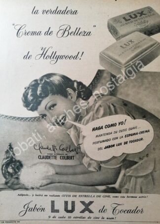 CARTEL ANTIGUO ORIGINAL DE CLAUDETTE COLBERT Y JABON LUX 1947/ FEP