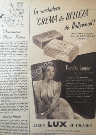 CARTEL ANTIGUO ORIGINAL DE DOROTHY LAMOUT Y JABON LUX 1947/ FEP