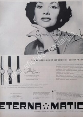 CARTEL ANTIGUO ORIGINAL DE GINA LOLLOBRIGIDA Y LOS RELOJES ETERNAMATIC 1956 / FEP