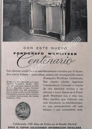 CARTEL ANTIGUO ORIGINAL DE ROCKOLAS WURLITZER CENTENARIO 100 ANIVERSARIO 1956 / MUY RARO