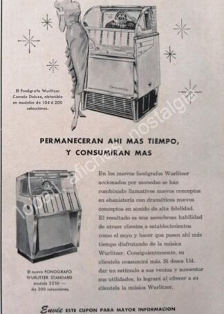 CARTEL ANTIGUO ORIGINAL DE ROCKOLAS WURLITZER 1957