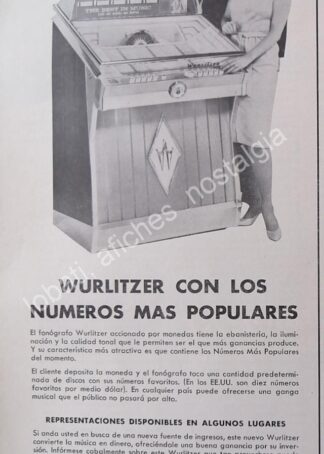 CARTEL ANTIGUO ORIGINAL DE ROCKOLAS WURLITZER 1956