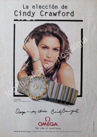 CARTEL ANTIGUO ORIGINAL DE CINDY CRAWFORD Y LOS RELOJES OMEGA Ca. 1997 /FEP