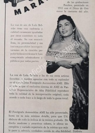 CARTEL ANTIGUO ORIGINAL DE LOLA BELTRAN Y LAS ROCKOLAS AMI 1950s / RARO / FEP