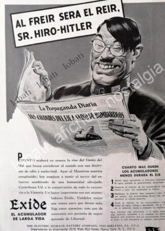 CARTEL ANTIGUO ORIGINAL DE HIROITO Y ADOLF HITLER EN ACUMULADORES EXIDE 1942