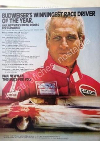 CARTEL ANTIGUO ORIGINAL DE PAUL NEWMAN Y LA ESCUDERIA BUDWEISER 1980s /FEP