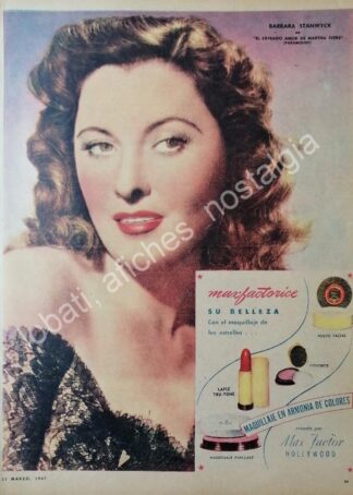 CARTEL ANTIGUO ORIGINAL DE BARBARA STANWYC Y MAX FACTOR 1947 / FEP