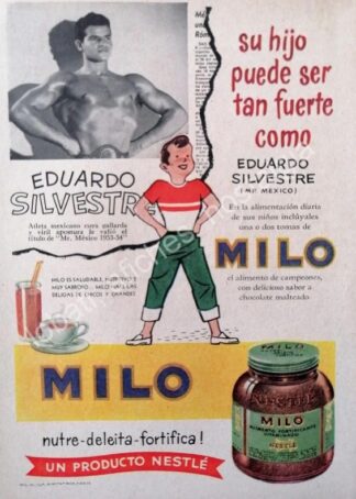 CARTEL ANTIGUO ORIGINAL DE EDUARDO SILVESTRE Y CHOCOLATE EN POLVO MILO 1958 /SUPER RARO