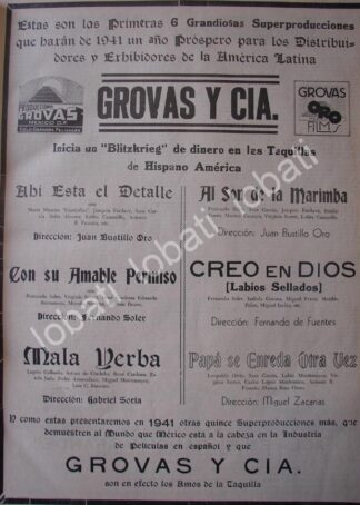 CARTEL ANTIGUO ORIGINAL DE PUBLICIDAD PRODUCCIONES GROVAS Y CIA 1941
