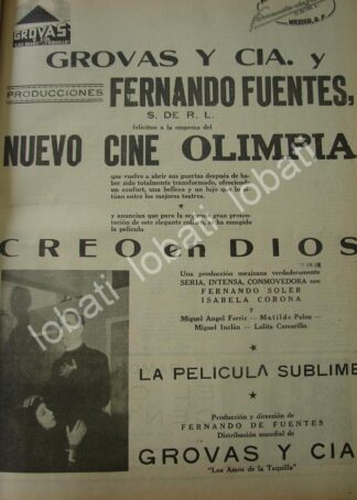 CARTEL ANTIGUO ORIGINAL DE REINAGURACION DEL CINE OLIMPIA Y LA PELICULA CREO EN DIOS 1941 /N78