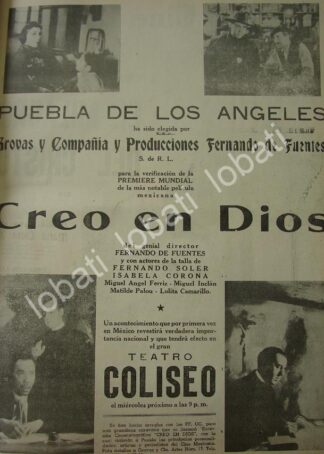 CARTEL ANTIGUO ORIGINAL DE CINE COLISEO DE PUEBLA ESTRENO. PELICULA. CREO EN DIOS 1941 /N79