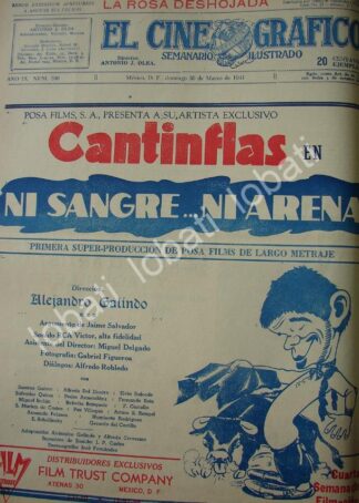 CARTEL ANTIGUO ORIGINAL DE FILMANDO NI SANGRE NI ARENA 1941 CANTINFLAS, ESTRENO /83